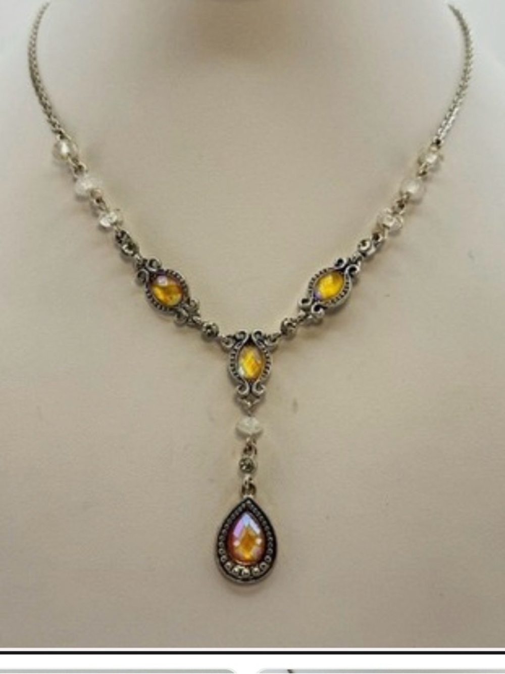 Avon Silver-tone Necklace with Yellow Teardrop Crystals